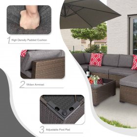 Kinbor 11 Pcs Outdoor Patio Furniture Set, Rattan Wicker Sofa Set with Cushions and Coffee Table, Gray
