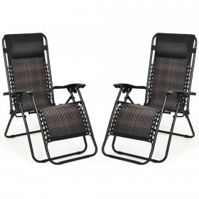 Gymax Folding Set of 2 Rattan Patio Zero Gravity Lounge Chair Recliner w/ Headrest