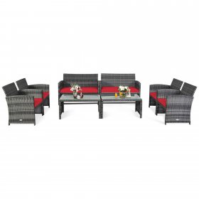 Gymax 8PCS Patio Outdoor Rattan Conversation Furniture Set w/ Red Cushion