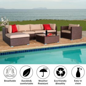 Patio Furniture Sets, 7-Piece Wicker Patio Conversation Furniture Set with 6 Seats, 1PC Tempered Glass Table, 6 Removable Cushions, 2 Pillows, Sectional Sofa for Backyard Porch Lawn Pool, Q1461