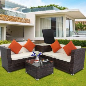 SEGMART Patio Rattan Sectional Couch Set, 4 Piece Outdoor Wicker Furniture Set, Elegant Cushioned Sofa Set, Conversation Chair Set with Storage Box & Table for Backyard, Lawn, Poolside