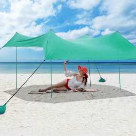 Costway Family Beach Tent Canopy w/ 4 Poles Sandbag Anchors 10'x9' UPF50+ Green