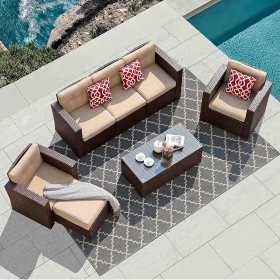 JOIVI 7 Pieces Patio Furniture Set, Outdoor Sectional Rattan Sofa Set, Beige Cushions and Red Pillow