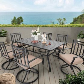MF Studio 7PCS Patio Dining Set with 6PCS Swivel Dining Chairs and 1PC Rectangular Metal Table Suitable for 6 People, Beige Cushion