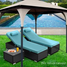 3PCS Outdoor Patio Reclining Lounge Furniture Set, All-Weather Wicker Patio Conversation Furniture Sofa with 2 Pillows, Tempered Glass Top Coffee Table, Adjustable 5 Position Backrest, Blue, S1544
