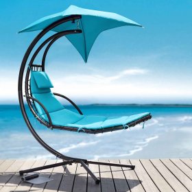Lacoo Outdoor Hanging Curved Chaise Lounge Chair Patio Swinging Hammock w/Pillow, Canopy & Stand for Backyard, Blue, Metal
