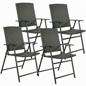 Gymax Folding Rattan Chair Brown 4 PCS Outdoor Indoor Furniture