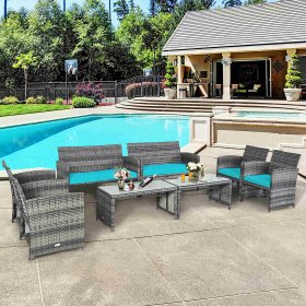 Costway 8PCS Patio Rattan Furniture Set Glass Table Top Cushioned Sofa Turquoise