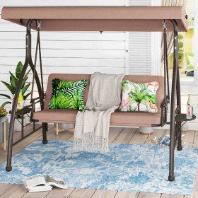 Sophia & William 3-Seat Outdoor Converting Canopy Swing Glider Patio Hammock with Foldable Side Table Beige