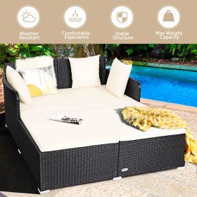 Gymax Rattan Patio Daybed Loveseat Sofa Yard Outdoor w/ Beige Cushions Pillows
