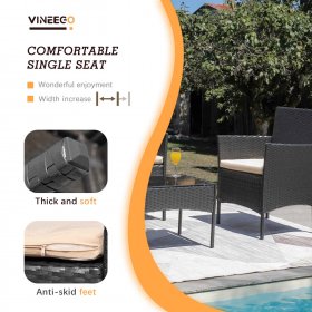 Vineego 4 Pcs Outdoor Patio Furniture Black PE Rattan Wicker Table and Chairs Set, Beige, 4 Seating