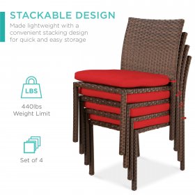 Best Choice Products Set of 4 Stackable Outdoor Patio Wicker Chairs w/ Cushions, UV-Resistant Finish Brown/ Red