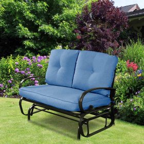 Costway Glider Outdoor Patio Rocking Bench Loveseat Cushioned Seat Steel Frame Blue