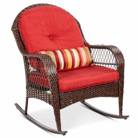 Best Choice Products Outdoor Wicker Rocking Chair for Patio, Porch w/ Steel Frame, Weather-Resistant Cushions Red