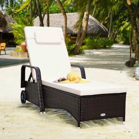 Gymax Cushioned Outdoor Wicker Chaise Lounge Chair w/ Wheel Adjustable Backrest
