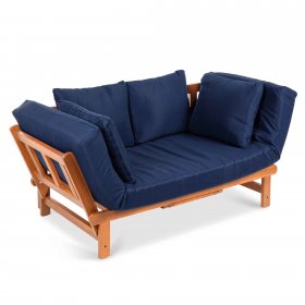 Best Choice Products Outdoor Convertible Acacia Wood Futon Sofa w/ Pullout Tray, 4 Pillows, All-Weather Cushion Navy