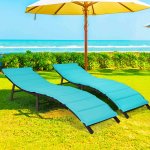 Gymax Set of 2 Folding Wicker Chaise Portable Lounge Chair w/ Turquoise Cushion