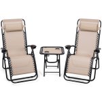 Gymax 3PC Zero Gravity Reclining Lounge Chairs Pillows Table Portable Folding Beige