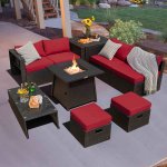 Costway 9PCS Patio Rattan Furniture Set Fire Pit Space-saving W/Cover Red Cushion cover