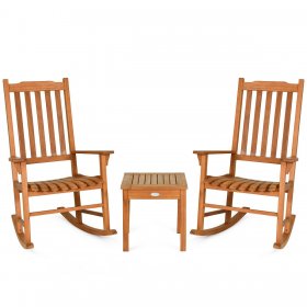 Gymax 3 PCS Eucalyptus Rocking Chair Set W/ Coffee Table 2 Wood Conversation Chairs