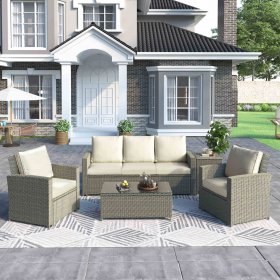 SEGMART 5PCS Outdoor Patio Sectional Furniture Set, All-Weather Wicker Patio Sofa Set, Rattan Sofa Set for Backyard, Durable Outdoor Garden Cushioned Seat with Coffee Table, Bistro Table Set, Blue