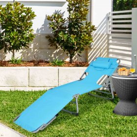 Gymax Portable Beach Chaise Lounge Chair Folding Reclining Chair w/ Facing Hole Turquoise