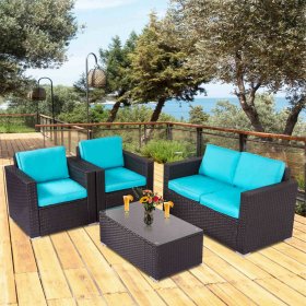 Kinbor 4pcs Outdoor Patio Furniture Pe Wicker Rattan Sofa Sectional Set with Blue Cushions