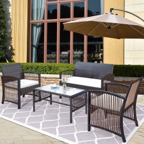 SEGMART 4 Pieces Outdoor Patio Furniture Sets, Rattan Chair Wicker Set, Outdoor Indoor Use Backyard Furniture with Soft Cushion and Glass Table for Porch Garden Poolside Balcony, Brown, S699