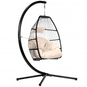 Outdoor Hanging Egg Chair Soft Cushion Large Basket Collapsible Chair